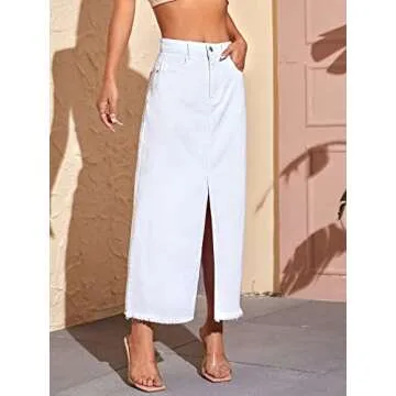 SweatyRocks Women's High Waist Split Thigh Raw Hem Denim Skirt Long Jean Skirt with Pocket White S