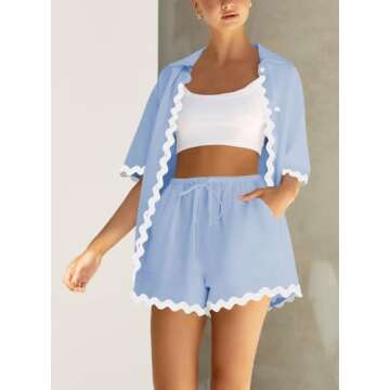 ARTFREE Women's 2 Piece Pajama Sets Short Sleeve Button Down Shirts and Shorts Outfit Sets Summer Be...