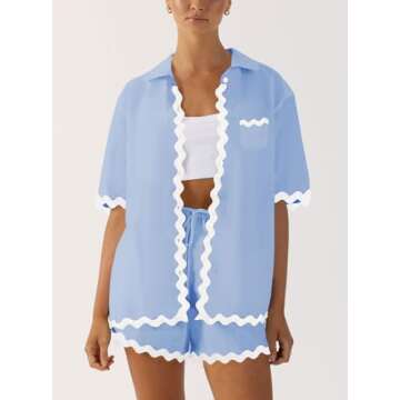 ARTFREE Women's 2 Piece Pajama Sets Short Sleeve Button Down Shirts and Shorts Outfit Sets Summer Beach Loungewear Blue