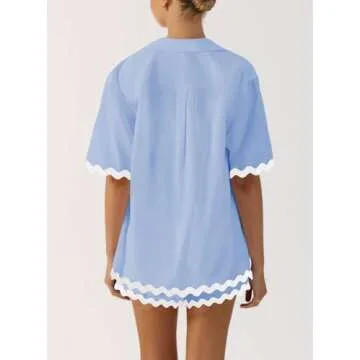 ARTFREE Women's 2 Piece Pajama Sets Short Sleeve Button Down Shirts and Shorts Outfit Sets Summer Beach Loungewear Blue