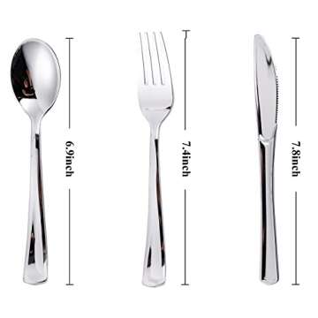 N9R 500PCS Silver Plastic Cutlery Set - 200 Forks, 150 Knives, 150 Spoons - Disposable, Premium, Stu...