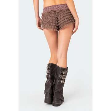 KOSUSANILL Women Lolita Bloomers Shorts Y2k Ruffle Layered Lace Mesh Sheer Pumpkin Mini Pettipants Sexy Boy Bottoms Panties (Brown Cake, L)