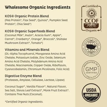 KOS Vegan Protein Powder Erythritol Free, Vanilla USDA Organic - Pea Protein Blend, Plant Based Superfood Rich in Vitamins & Minerals - Keto, Dairy Free - Meal Replacement for Women & Men, 28 Servings