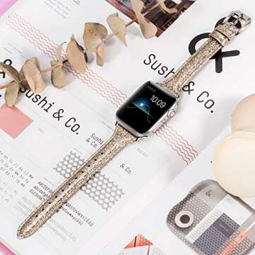 Wearlizer Thin Glitter Leather Compatible with Apple Watch Leather Bands Women 38mm 40mm 41mm 42mm 4...