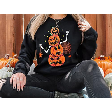 Zarmfly Halloween Sweatshirts for Women - Pumpkin & Skeleton Tops