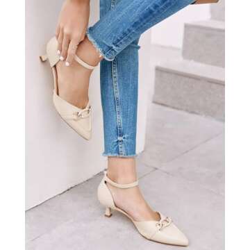 Coutgo Womens Kitten Low Heel Pumps Closed Pointed Toe Buckle Ankle Strap Office Work Dress Shoes, B...