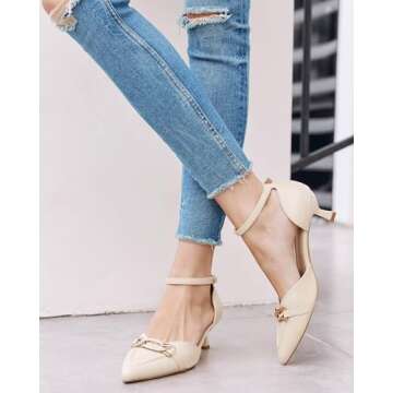 Coutgo Womens Kitten Low Heel Pumps Closed Pointed Toe Buckle Ankle Strap Office Work Dress Shoes, Beige, Size 8