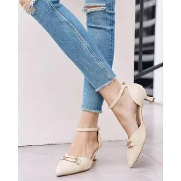 Coutgo Womens Kitten Low Heel Pumps Closed Pointed Toe Buckle Ankle Strap Office Work Dress Shoes, Beige, Size 8