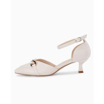 Coutgo Womens Kitten Low Heel Pumps Closed Pointed Toe Buckle Ankle Strap Office Work Dress Shoes, Beige, Size 8