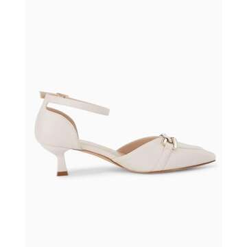 Coutgo Womens Kitten Low Heel Pumps Closed Pointed Toe Buckle Ankle Strap Office Work Dress Shoes, Beige, Size 8