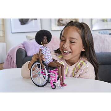 Barbie Fashionistas Doll #194 with Natural Black Hair, Plus Wheelchair & Ramp, Wearing Rainbow Heart...
