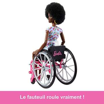Barbie Fashionistas Doll #194 with Natural Black Hair, Plus Wheelchair & Ramp, Wearing Rainbow Heart Romper & Accessories Including Shoes & Hoop Earrings