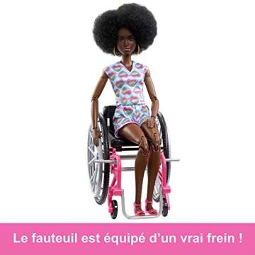 Barbie Fashionistas Doll #194 with Natural Black Hair, Plus Wheelchair & Ramp, Wearing Rainbow Heart Romper & Accessories Including Shoes & Hoop Earrings
