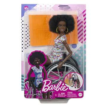 Barbie Fashionistas Doll #194 with Natural Black Hair, Plus Wheelchair & Ramp, Wearing Rainbow Heart Romper & Accessories Including Shoes & Hoop Earrings