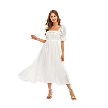 R.YIposha Women Vintage Elastic Square Neck Ruffled Half Sleeve Summer Backless Beach Flowy Maxi Dresses,4-6,White