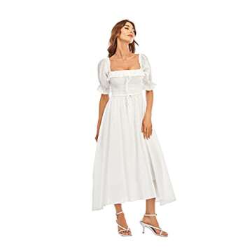 R.YIposha Women Vintage Elastic Square Neck Ruffled Half Sleeve Summer Backless Beach Flowy Maxi Dresses,4-6,White