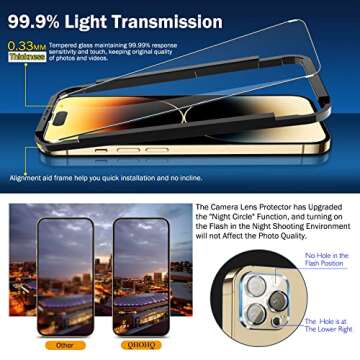 QHOHQ 3 Pack Screen Protector & Camera Lens Protectors for iPhone 14 Pro