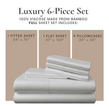 Bamboo Bay 6 Piece Full Size Sheet Set, 100% Viscose Made from Bamboo, Breathable, Ultra Soft Cooling Bed Sheets for Hot Sleepers, Beddings with Deep Pockets Fit 16" Mattress, Light Grey