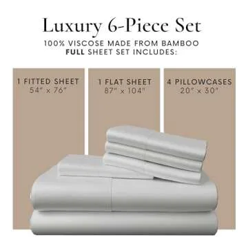 Bamboo Bay 6 Piece Full Size Sheet Set, 100% Viscose Made from Bamboo, Breathable, Ultra Soft Cooling Bed Sheets for Hot Sleepers, Beddings with Deep Pockets Fit 16" Mattress, Light Grey