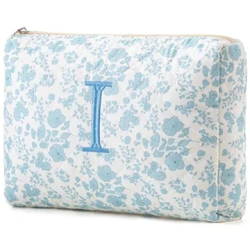 HBselect Initial Makeup Bag - Large Cotton Floral Travel Makeup Bag for Women