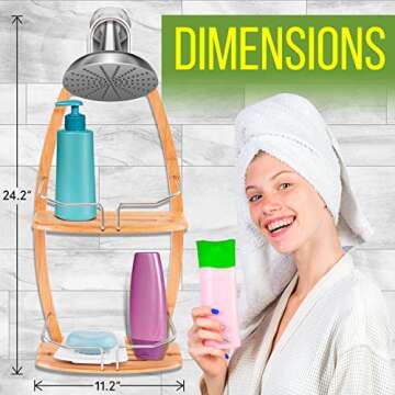 SereneLife Bamboo Hanging Shower Caddy - 2 Tier Wood Water Resistant and Natural Bamboo Bathroom Wall Organizer with Stainless Steel Shelf Rack for Shampoo, Conditioner and Soap Storage