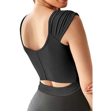 Women Workout Tops Sleeveless Yoga Longline Sports Bra Cutout Short Sleeve Crop Tank Top Gym Running Athletic Shirt U-Back