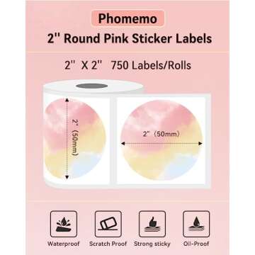Phomemo 2” Color Circle Thermal Labels, Self-Adhesive Round Direct Sticker Labels, Circular Therma...