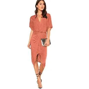 Floerns Women's Short Sleeve V Neck Twist Front Split Midi Dress Rust Red M