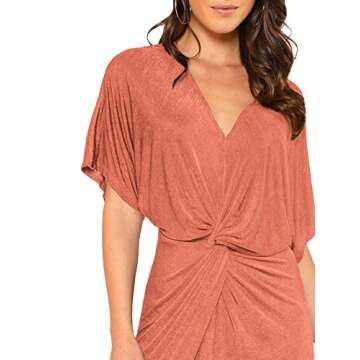 Floerns Women's Short Sleeve V Neck Twist Front Split Midi Dress Rust Red M