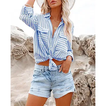 OMSJ Women's Stylish Striped Button Down Shirt