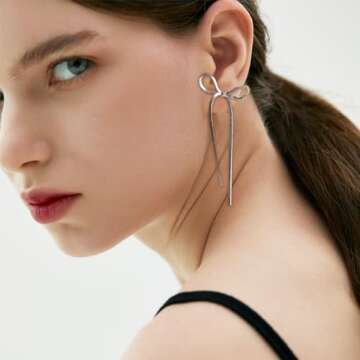 Sonateomber Silver Bow Earrings for Women, Statement Elegant Ribbon Stud Long Metal Chain Dangle Drop Tassel Earring Fringe Dangling Wedding Prom Fashion Jewelry Gift