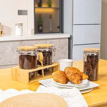 Yangbaga 2Pcs Coffee Sugar Canisters with Shelf, 58OZ Plastics Storage Containers for Ground Coffee Bean Storage with Lid Locking Clamp&Coffee Scoop, Food Storage Jar for Kitchen