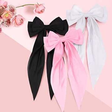 3 PCS Black, White, Pink Bow Hair Clips - Barrettes and Ribbons for Cute Accessories