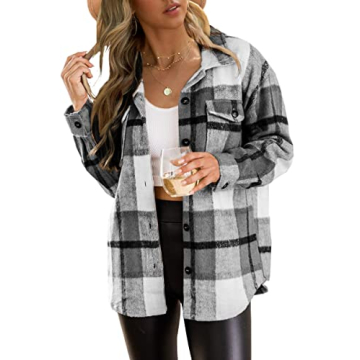 Trendy Queen Women's Flannel Shacket - Cozy Grey Plaid Long Sleeve Jacket