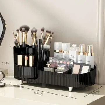 Makeup Organizer Countertop Rotating Makeup Organizer for Vanity Large Capacity Cosmetic Display Case with Makeup Brush Holder Cosmetic Organizer Countertop（Black）