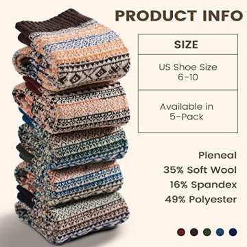 Pleneal Cozy Knit Women Wool Socks - 5 Pack