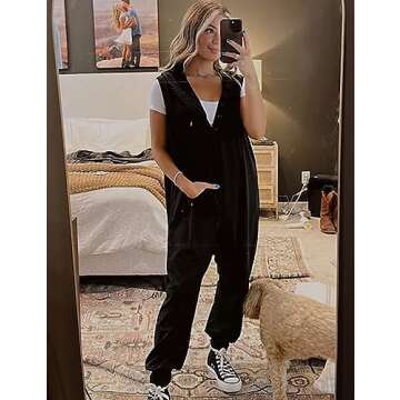 Tanming Hooded Jumpsuits for Women Casual Sleeveless Long Harem Pants Romper with Pockets (Black-S)