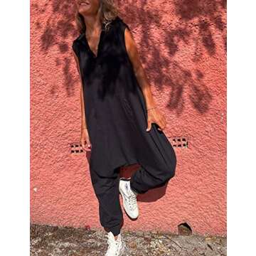 Tanming Hooded Jumpsuits for Women Casual Sleeveless Long Harem Pants Romper with Pockets (Black-S)