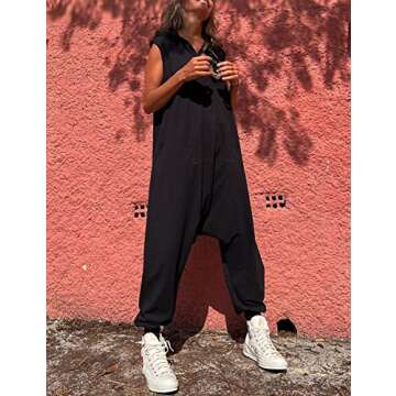 Tanming Hooded Jumpsuits for Women Casual Sleeveless Long Harem Pants Romper with Pockets (Black-S)