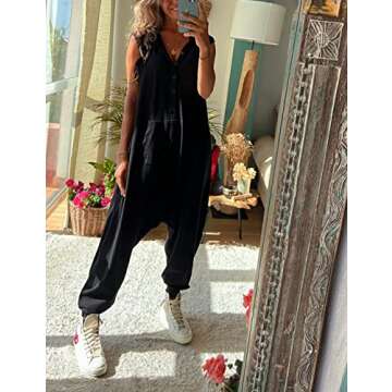 Tanming Hooded Jumpsuits for Women Casual Sleeveless Long Harem Pants Romper with Pockets (Black-S)