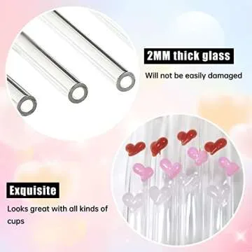 6 Pcs Reusable Glass Straws With Design,Colorful Heart on Clear Bent Straws 7.9in X 8mm Shatter Resistant Drinking Straws with 2 Cleaning Brushes Valentine's Day Decoration for Beverages,Cocktails