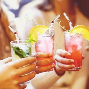 6 Pcs Reusable Glass Straws With Design,Colorful Heart on Clear Bent Straws 7.9in X 8mm Shatter Resistant Drinking Straws with 2 Cleaning Brushes Valentine's Day Decoration for Beverages,Cocktails