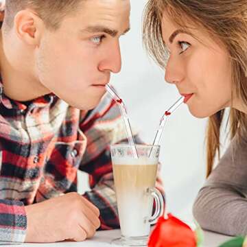 6 Pcs Reusable Glass Straws With Design,Colorful Heart on Clear Bent Straws 7.9in X 8mm Shatter Resistant Drinking Straws with 2 Cleaning Brushes Valentine's Day Decoration for Beverages,Cocktails