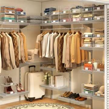 Jautokerdar 4 Tiers Closet Shelves Stackable Organizer with Name Plate S Hooks, Wall Mount & Cabinet Wire Storage Basket Bins, for Clothing Sweaters Handbags Clutches Accessories