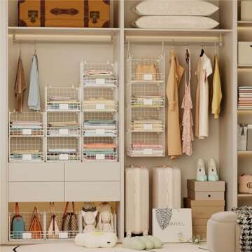 Jautokerdar 4 Tiers Closet Shelves Stackable Organizer with Name Plate S Hooks, Wall Mount & Cabinet Wire Storage Basket Bins, for Clothing Sweaters Handbags Clutches Accessories