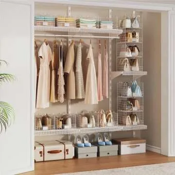 Jautokerdar 4 Tiers Closet Shelves Stackable Organizer with Name Plate S Hooks, Wall Mount & Cabinet Wire Storage Basket Bins, for Clothing Sweaters Handbags Clutches Accessories