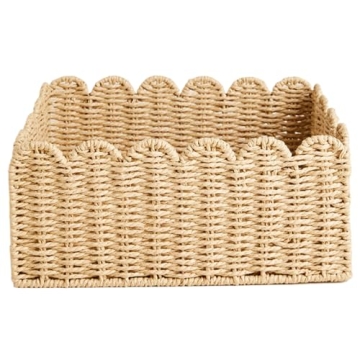 CurcKua Scalloped Basket, 14.2x10.6x5.9 Wicker Storage Basket Wicker Basket, Recycled Paper Rope Woven Storage Basket Rattan Basket for Kitchen Bathroom, Decorative Pantry Baskets for Organizing