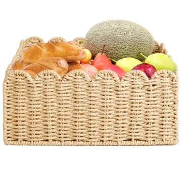 CurcKua Scalloped Basket, 14.2x10.6x5.9 Wicker Storage Basket Wicker Basket, Recycled Paper Rope Woven Storage Basket Rattan Basket for Kitchen Bathroom, Decorative Pantry Baskets for Organizing