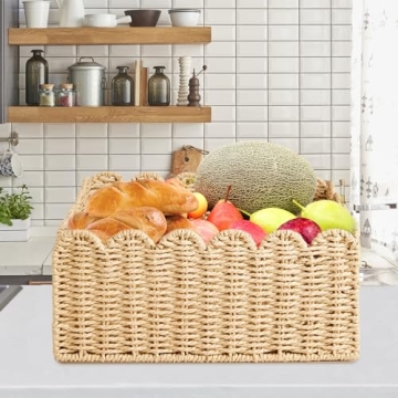 CurcKua Scalloped Basket, 14.2x10.6x5.9 Wicker Storage Basket Wicker Basket, Recycled Paper Rope Woven Storage Basket Rattan Basket for Kitchen Bathroom, Decorative Pantry Baskets for Organizing