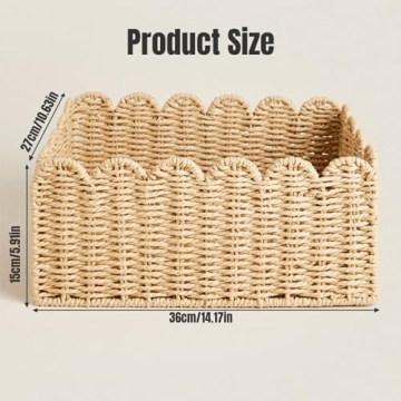 CurcKua Scalloped Basket, 14.2x10.6x5.9 Wicker Storage Basket Wicker Basket, Recycled Paper Rope Woven Storage Basket Rattan Basket for Kitchen Bathroom, Decorative Pantry Baskets for Organizing